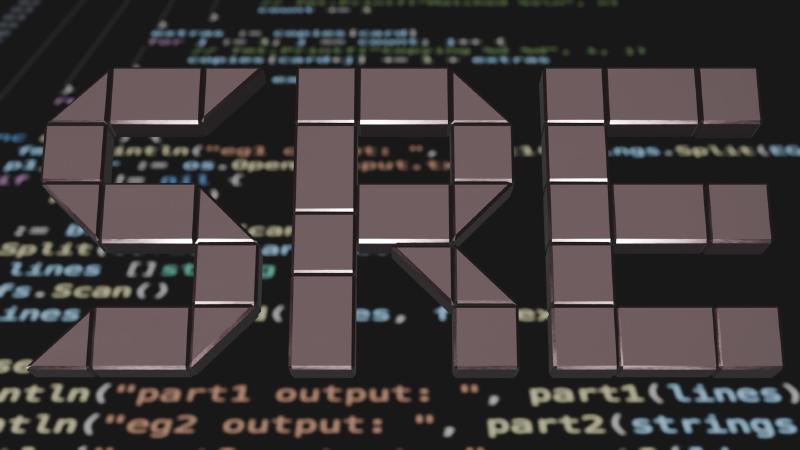 SRE logo blocks in copper with a background of code